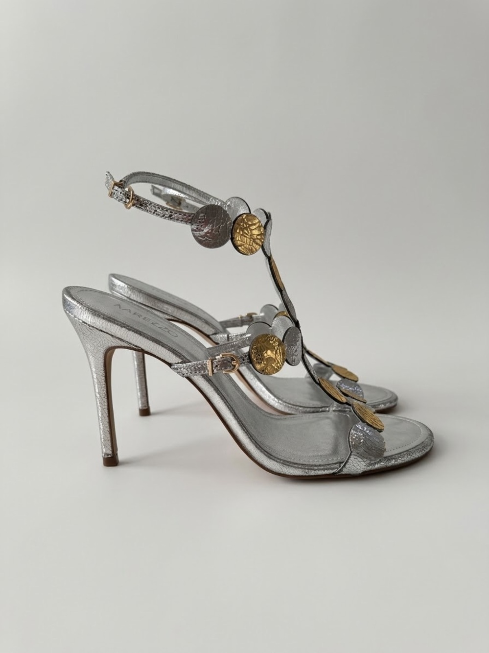 Arezzo Metallic Silver Sandals with Gold Disc Accents
